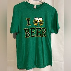 I Love Beer Drinking Mens Green Tshirt Tee Short Sleeve Crew Neck Small